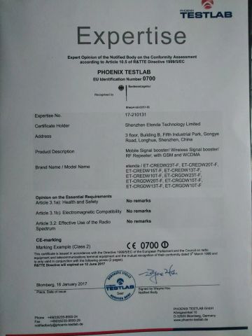 CE0700 for triple band repeater certificate from Shenzhen Etenda Technology Limited