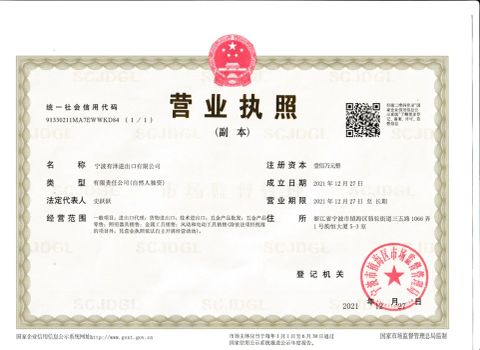 Business Licence certificate from Ningbo Brite Import and Export Co., Ltd.