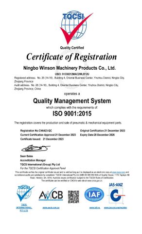 ISO9001-2015 certificate of Ningbo Winson Machinery Products Co., Ltd – certificate photo, supplier certificates section