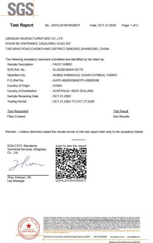 sgs face fabric test certificate of Qingdao Inurda Furniture Co., Ltd. – certificate photo, supplier certificates section