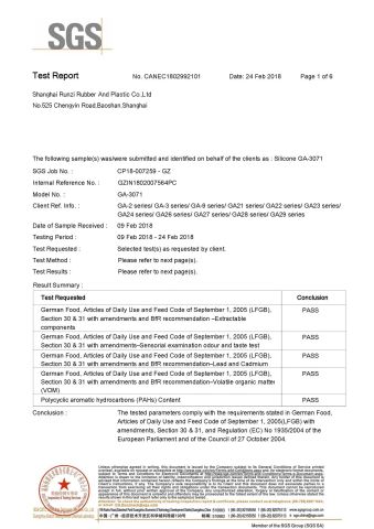 LFGB certificate from Shanghai Runzi Rubber And Plastic Co., Ltd.