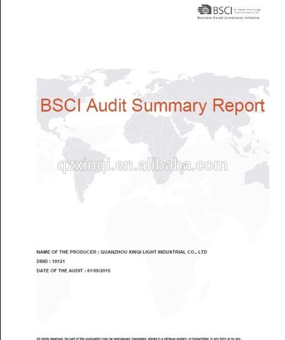 BSCI certificate of Quan Zhou Xinqi Light Industry Co., Ltd. – certificate photo, supplier certificates section