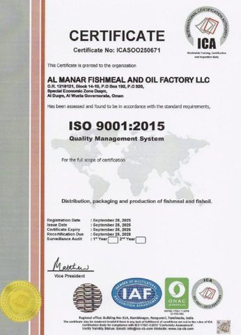 ISO 9001:2015 certificate from Al Manar Fishmeal & Oil Production