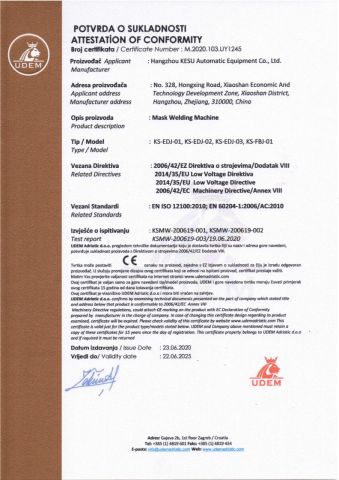 CE certificate from HANGZHOU KESU AUTOMATIC EQUIPMENT CO., LTD.