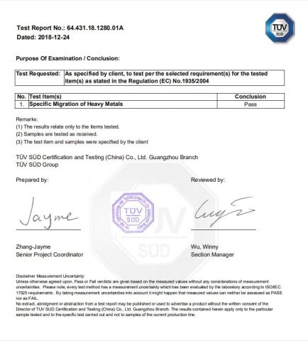 Specific Migration of Heavy Metals certificate of Guangzhou Huaheng Plastic Products Co., Ltd. – certificate photo, supplier certificates section