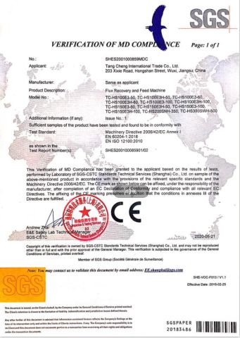 CE(Flux recovery and feed machine) certificate from TANG CHENG INTERNATIONAL TRADE CO., LTD.