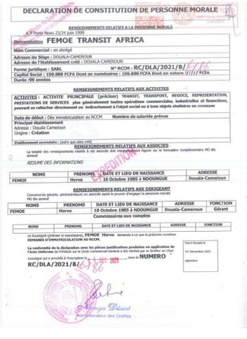 Registre de commerce certificate from FEMOE TRANSIT AFRICA