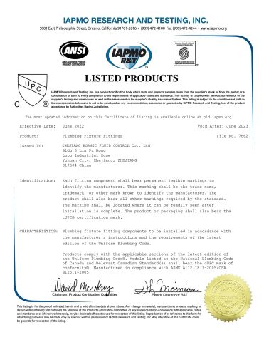 ANSI certificate from Yuhuan Tufei Imp. and Exp. Co., Ltd.