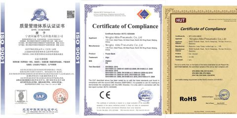 CE ROHS ISO9001 certificate of Ningbo Alita Pneumatic Co., Ltd. – certificate photo, supplier certificates section