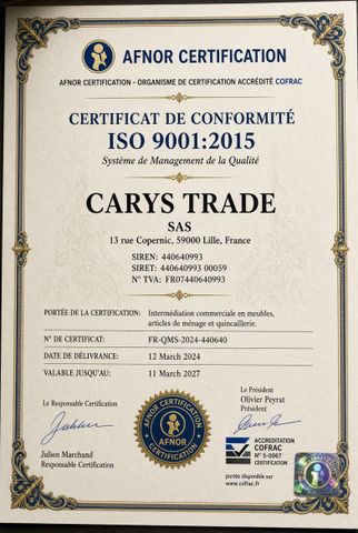 ISO 9001:2015 certificate of Eurl Carys Trade – certificate photo, supplier certificates section