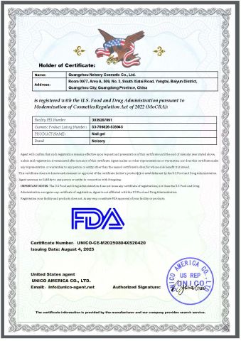 FDA certificate from Guangzhou Neissry cosmetic Co., Ltd.