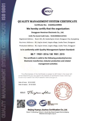 CERTIFICATE OF ISO9001-DONGGUAN HENSIRON certificate from Changzhou Hensiron Electric Technology Co., Ltd.