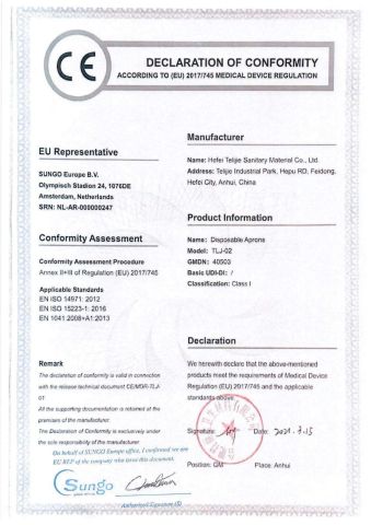 CE-for-disposable-aprons certificate from HEFEI TELIJIE SANITARY MATERIAL CO., LTD.