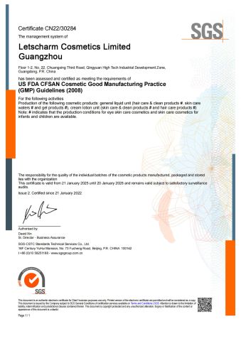 GMP certificate from Letscharm Cosmetics Limited Guangzhou