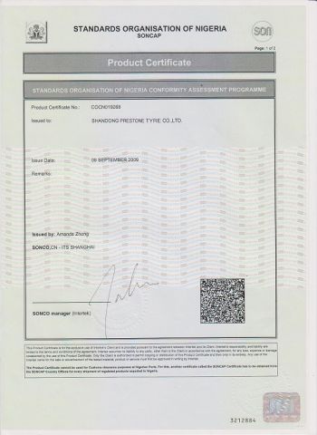Soncap certificate certificate of SHANDONG PRESTONE TYRE CO., LTD. – certificate photo, supplier certificates section