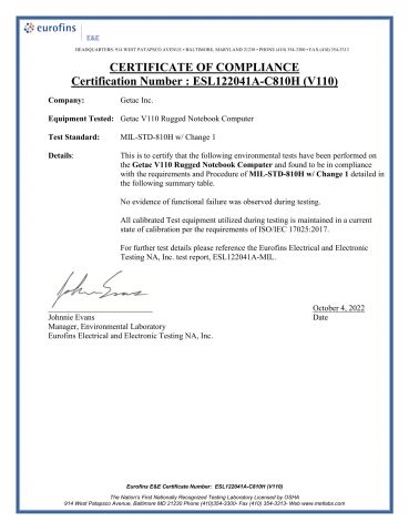 V110 MIL-STD-810H certificate from Beijing Jianianhuaye Technology Co., Ltd