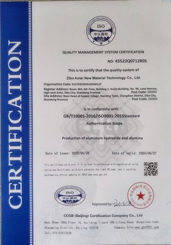 ISO9001 certificate from Zibo Aotai New Material Technology Co., Ltd.