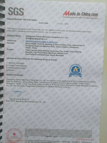 SGS Audited Supplier certificate from Zhengzhou Yomier Machinery Equipment Co., Ltd.