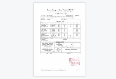 COA certificate certificate from Yantai Changyou Glass Co., Ltd.