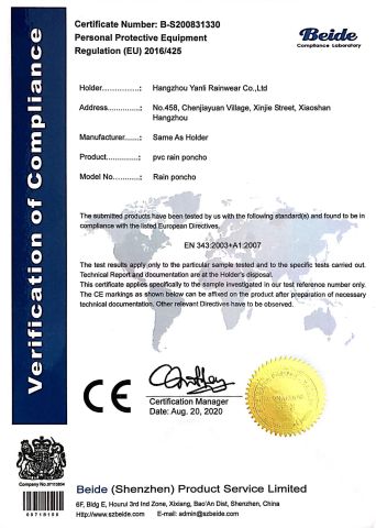 Certificates certificate from Hangzhou Yanli Rainwear Co., Ltd.