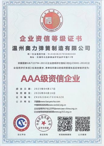 Our certificates certificate of Wenzhou Aoli Spring Manufacturing Co., Ltd – certificate photo, supplier certificates section