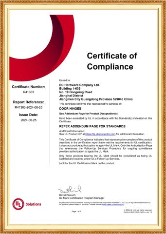 UL Listed door hinge-R41383 certificate from EC Hardware Co., Ltd.