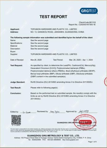 ROHS TEST REPORT certificate from TOPUNION HARDWARE AND PLASTIC CO., LIMITED