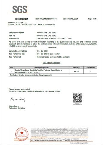 Product Inspection Report certificate from Zhongshan Sumatic Caster Co. Ltd.