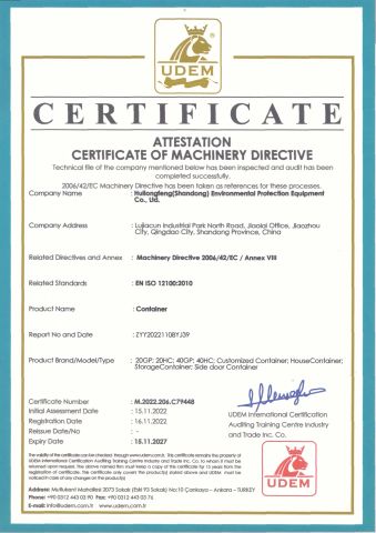 CE Certificate of containers certificate from Huilongfeng (Shandong) Environmental Protection Equipment Co., Ltd.
