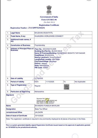 GST certificate from RAJMUDRA WORLDWIDE CONNECT