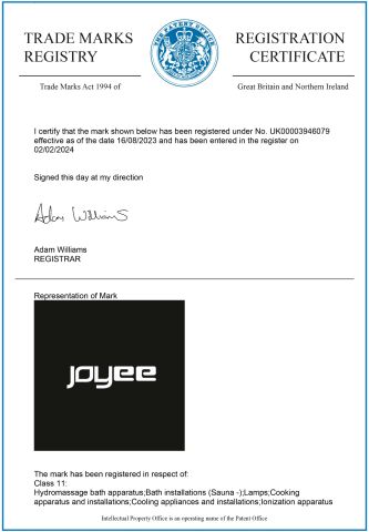 TM in UK certificate from GUANGZHOU JOYEE WELLNESS TECHNOLOGY CO., LTD.