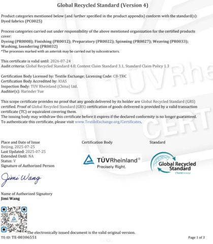 GRS certificate from Hanzhou (Guangzhou) Garment Manufacturing Co., Ltd.