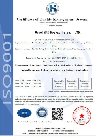 Quality Management System certificate from MKS Hydraulic Hebei Co., Ltd.