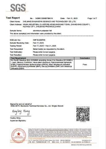 ROHS CERTIFICATE certificate from Zhejiang Shuangyin Science And Technology Co., Ltd.