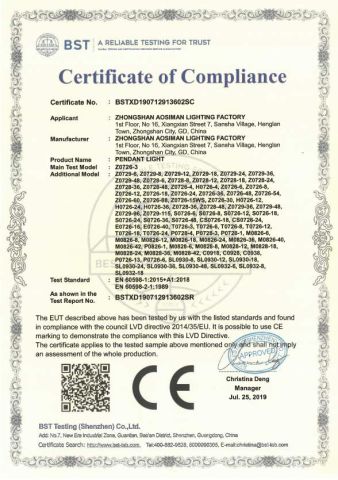 CE for Chandelier certificate from ZHONGSHAN AOSIMAN LIGHTING CO., LIMITED