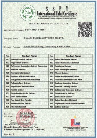 Halal Certificate 6 certificate from Xuancheng Quality Herb Co., Ltd.