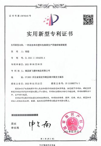 patent certificate from Xiongxian Lufei Plastic Products Co., Ltd