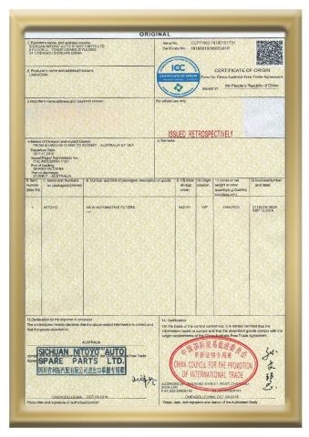 FTA certificate of Sichuan Nitoyo Auto Spare Parts Ltd. – certificate photo, supplier certificates section