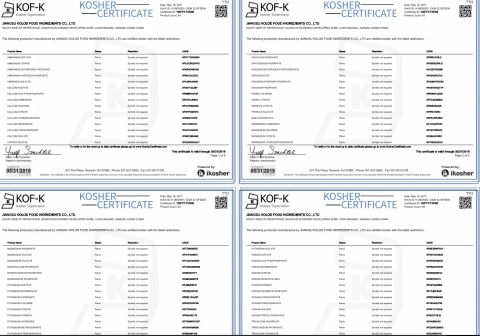 KOSHER certificate from Jiangsu Kolod Food Ingredients Co., Ltd.