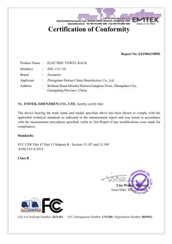 FCC certificate from Zhongshan Zoomerry Bathroom Accessories Co.,Ltd