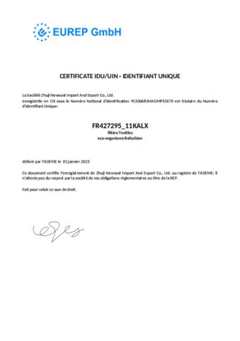 EPR_France_Textiles Certificate certificate from Zhuji New East Import and Export Co., Ltd.