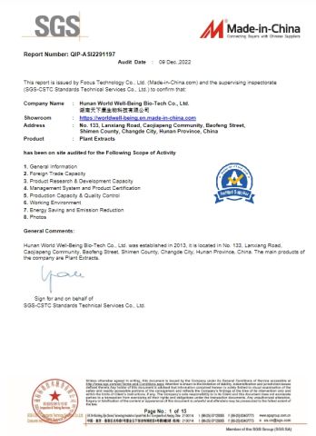 SGS certificate of Hunan World Well-Being Bio-Tech Co., Ltd. – certificate photo, supplier certificates section