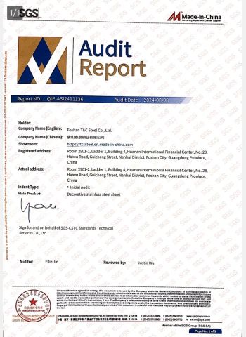 SGS Audit Certificate certificate from Foshan T&C Steel Co., Ltd.