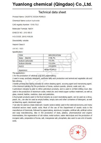 TDS of CAUSTIC SODA PEARLS certificate from Cangzhou help poultry equipment Co., Ltd.