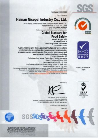 BRC CERTIFICATE certificate from Hainan Nicepal Industry Co., Ltd.