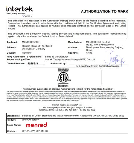 UL certificate from Menred Ess Co., Ltd.