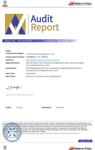 BV Audit Report certificate from Lihao Houseware (Guangzhou) Co., Ltd