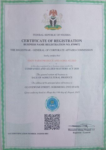 Cooperate Affairs Commission  certificate of Tdoy Farm Produce and Agro-Allied – certificate photo, supplier certificates section