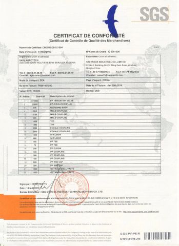 SGS Certificate certificate from Ningbo Salvador Piping System Co., Ltd.