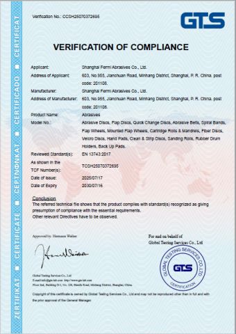 CE certificate from Shanghai Fermi Abrasives Co., Ltd.